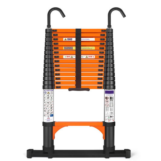 14.5FT Telescoping Extension Ladder for RV Attic Home, Multi-Purpose Collapsible Ladder with Non-Slip Feet, Lightweight Retractable Telescopic Ladder with 2 Triangle Stabilizers & Safety J-Hook