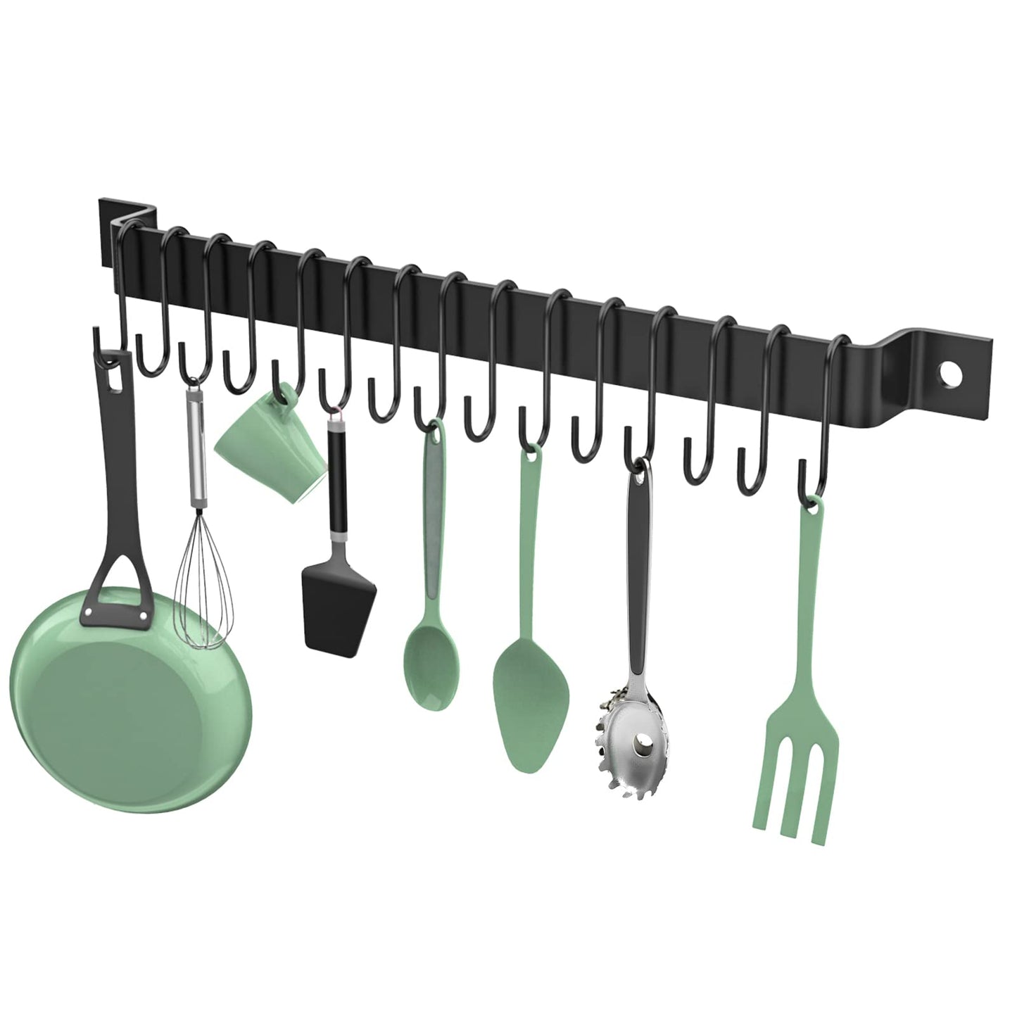 Housolution Kitchen Rail with 15 Hooks, 16 Inch Wall Mounted Hanging Utensil Rack Kitchen Utensil Hanger for Kitchen, 1 Pack, Black