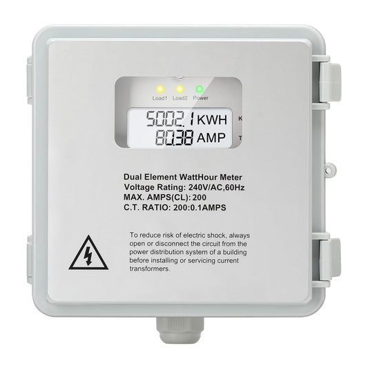Outdoor Surface Mount Mechanical Counter, Zuomeng 120/240V 2P3W 200A Mini Power Meter Kit with IP65 Waterproof Enclosure, Includes 2 Solid Core CTs, Precision Dual-Circuit PWH Measurement