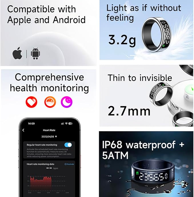 Smart Health Ring with Screen,for Women Men Fitness Tracker Heart Rate, Blood Oxygen, HRV, Sleep Monitoring, Step Counting, IP68 for iPhone and Android, No Subscription Fee (Silver, 9#)