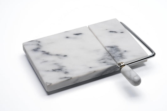 LIUHER Marble Cheese Slicer for Block Cheese, 5" x 8" White Marble Cheese Board and Cutter with 2 Replacement Stainless Steel Wires, Heavy Duty Cheese Slicer Kit for Home Kitchen and Charcuterie