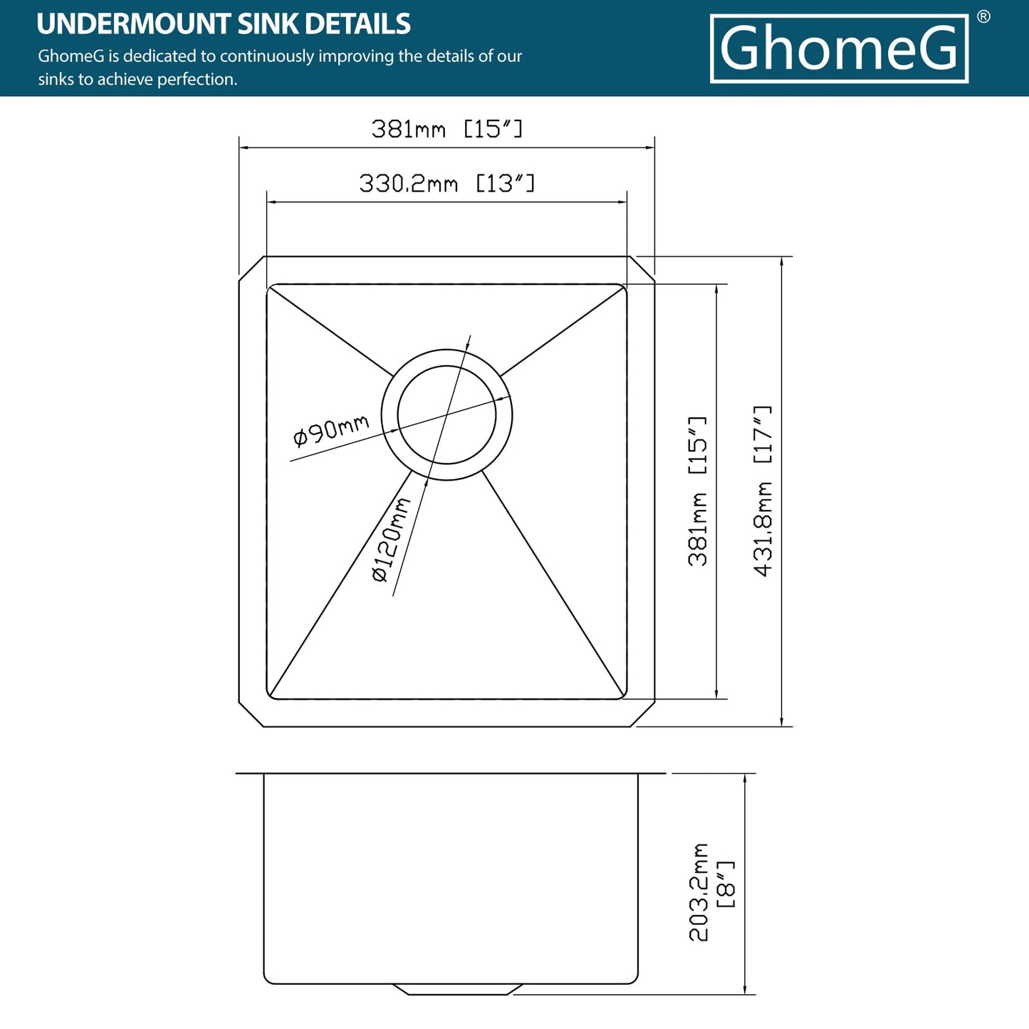 GHOMEG 15 Undermount Kitchen Sink 15"x17"x8" Single Bowl 16 Gauge Stainless Steel Under Counter Single Bowl Kitchen Sinks Basin with Drain Strainer