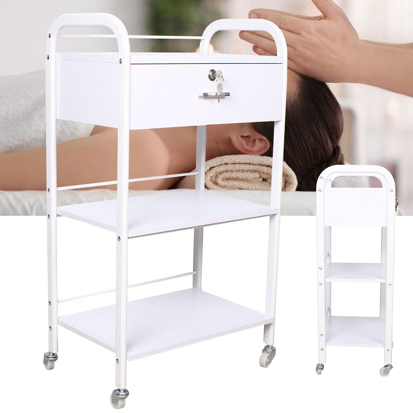 DYRABREST 3-Tier Utility Cart with Drawer, Mobile Serving Cart for Esthetician, Dental, Medical, Kitchen, Salon, 33LBS Load Capacity, White Rolling Trolley