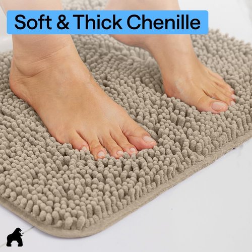 GORILLA GRIP Bath Rug Mat - Thick Absorbent Chenille | Quick-Dry Microfiber, 36x24, Gray Beige