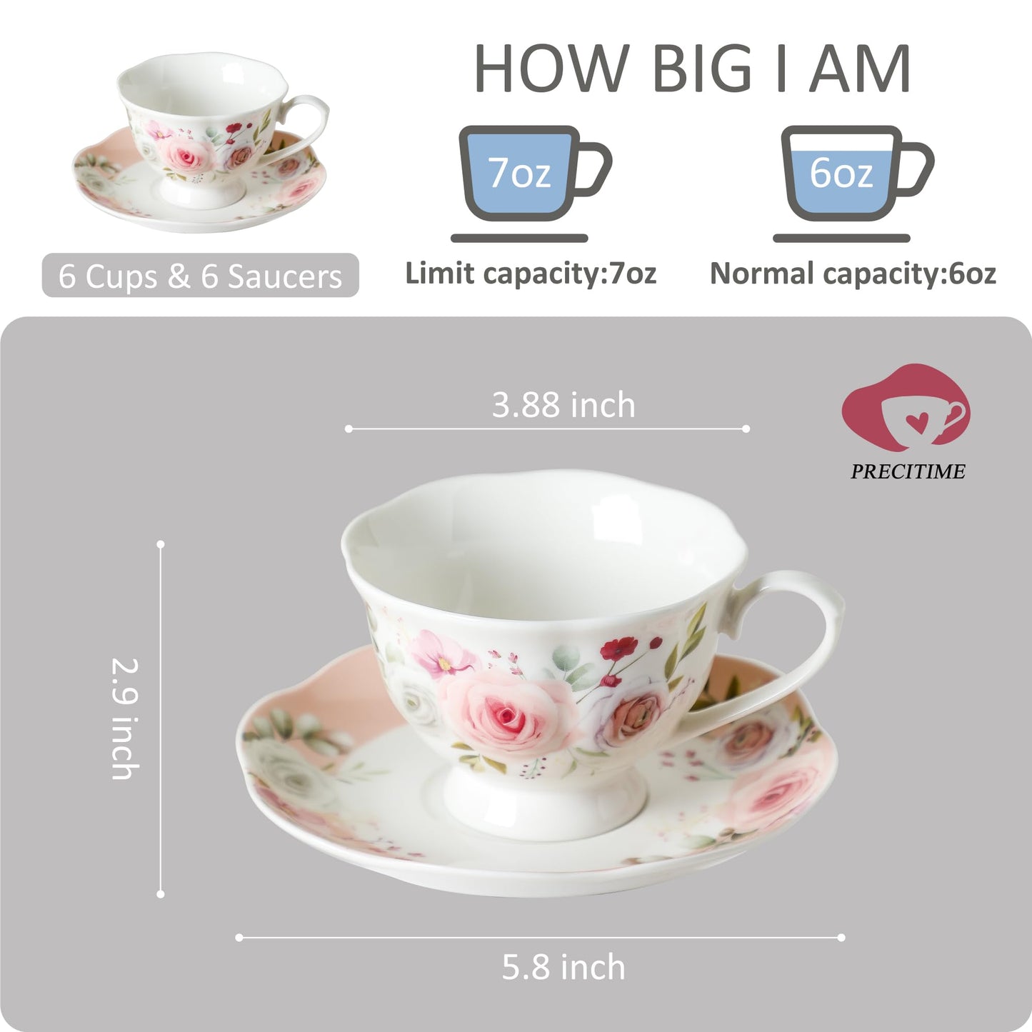 PRECITIME Floral Porcelain Tea Cup Set of 6 (12-Piece), 6 Cups & 6 Saucers with Rose Pattern, 6oz Scalloped Edge Coffee Cups, Dishwasher & Microwave Safe, Elegant Gift