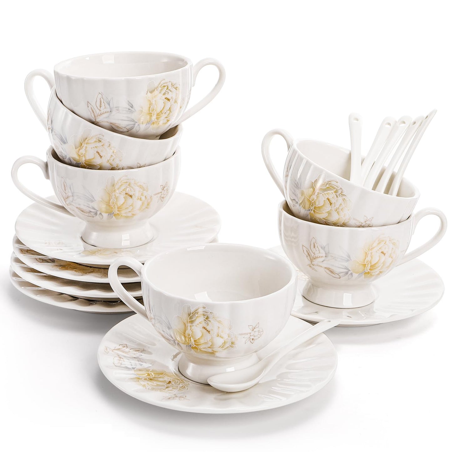 WRINGKIT Tea Cups and Saucers Set of 6, 7 Oz Floral Tea Cups, White Porcelain Tea Cup with Saucer, British Coffee Cups Sets for Women Teas Party, Cappuccino, Latte, Microwave Safe