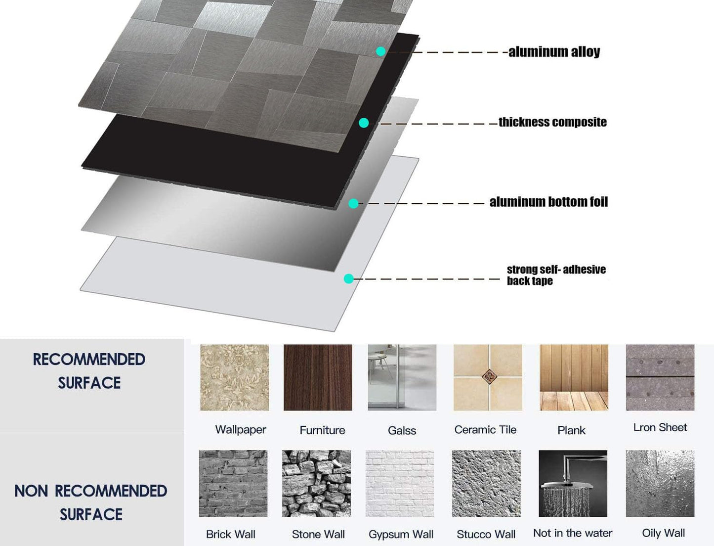 XUANINY 10-Sheet Peel and Stick Metal Backsplash Tiles, Self Adhesive Brushed Aluminum Subway 3D Wall Sticker for Kitchen Bathroom (10, Light Black Brushed)