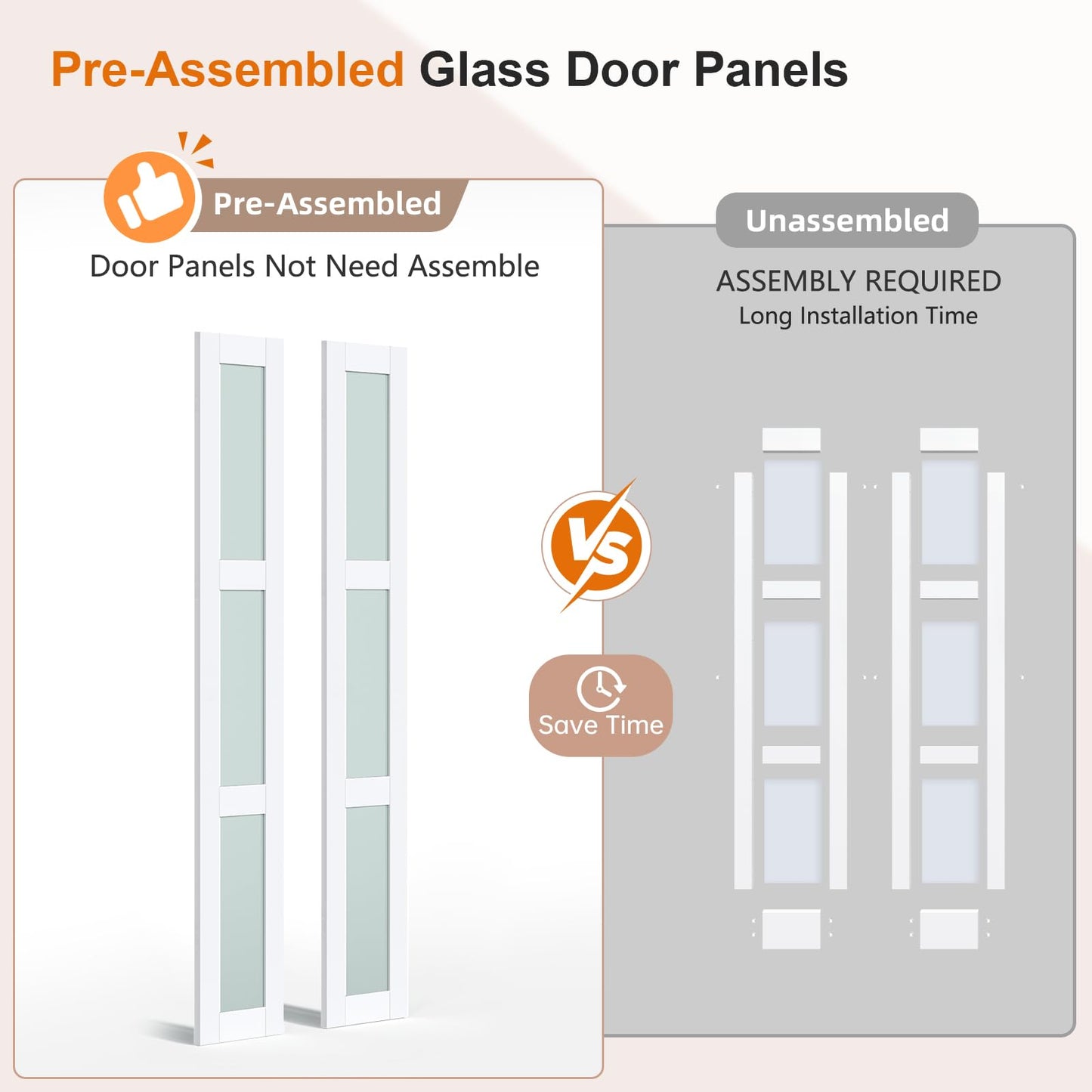 EaseLife Preassembled Bi-Fold Doors, for 60"x 80" Opening,Tempered Frosted Glass Closet Folding Barn Door with Concealed Hardware Kit,MDF Wood Panel,Water-Proof PVC Surface,Easy Installation