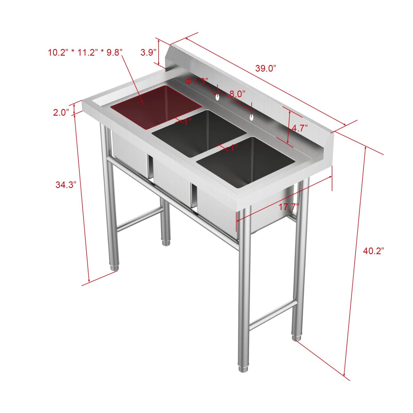 Bonnlo 3-Compartment NSF 304 Stainless Steel Utility Sink Commercial Grade Laundry Tub Culinary Sink for Outdoor Indoor, Garage, Restaurant, Kitchen, Laundry/Utility Room - 39” W x 18” D x 40.2” H