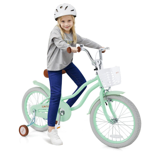 BABY JOY Kids Bike, 18 Inch Boys Girls Bike for 4-8 Years Old w/Training Wheels, Adjustable Seat, Removable Basket, Handbrake & Coaster Brake, Kids Bicycle (Mint Green)