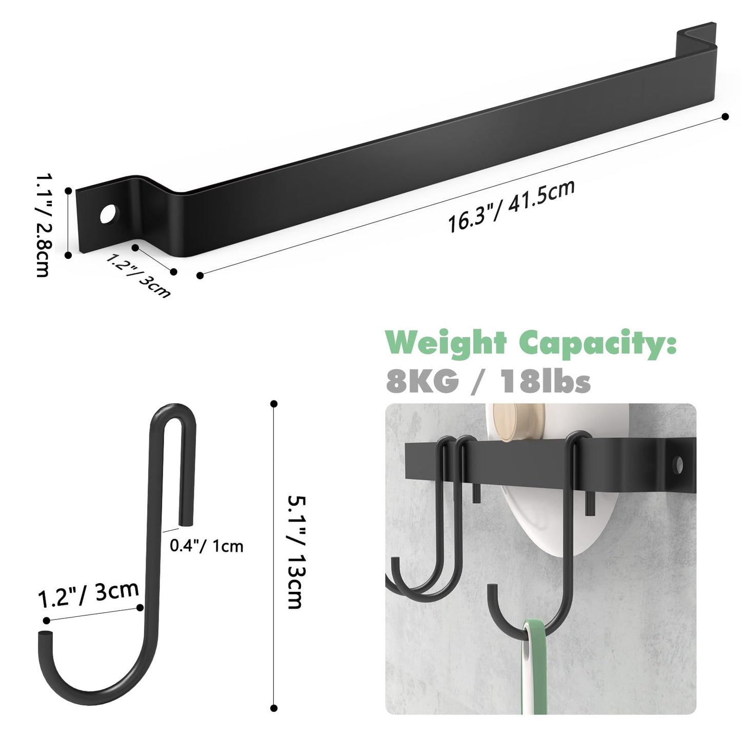 Housolution Kitchen Rail with 15 Hooks, 16 Inch Wall Mounted Hanging Utensil Rack Kitchen Utensil Hanger for Kitchen, 1 Pack, Black
