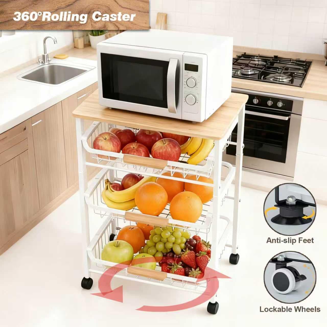 ULIKEUS 5-Tier Rolling Pantry Floor Storage Cart with Wheels&Wood Top, Large Capacity Kitchen Organization Fruit Wire Basket Stand for Pantry, Bathroom, Living Room,White