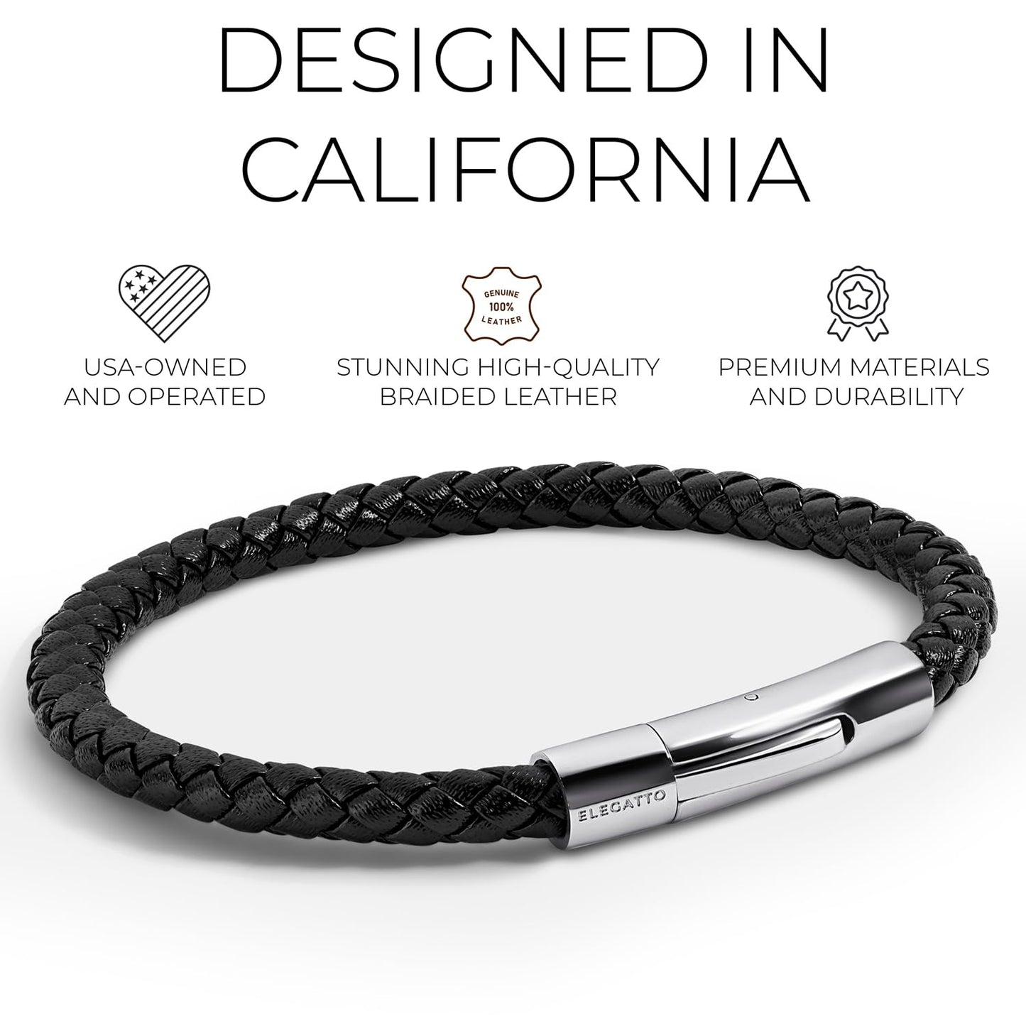 Elegatto Elagio Premium Braided Leather Bracelet for Men | Full-Grain Braided Leather with Sterling Silver Polished Stainless Steel Clasp | Men’s Designer Bracelets | Small