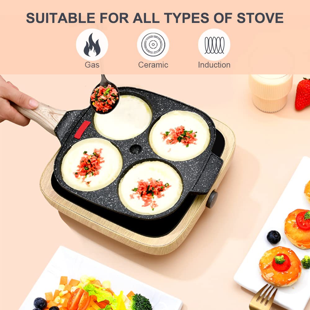 Bobikuke 4-Cup Egg Pan Nonstick, Egg Frying Pan with Lid Pancake Pan, Omelet Pan Induction Compatible for Breakfast- Black