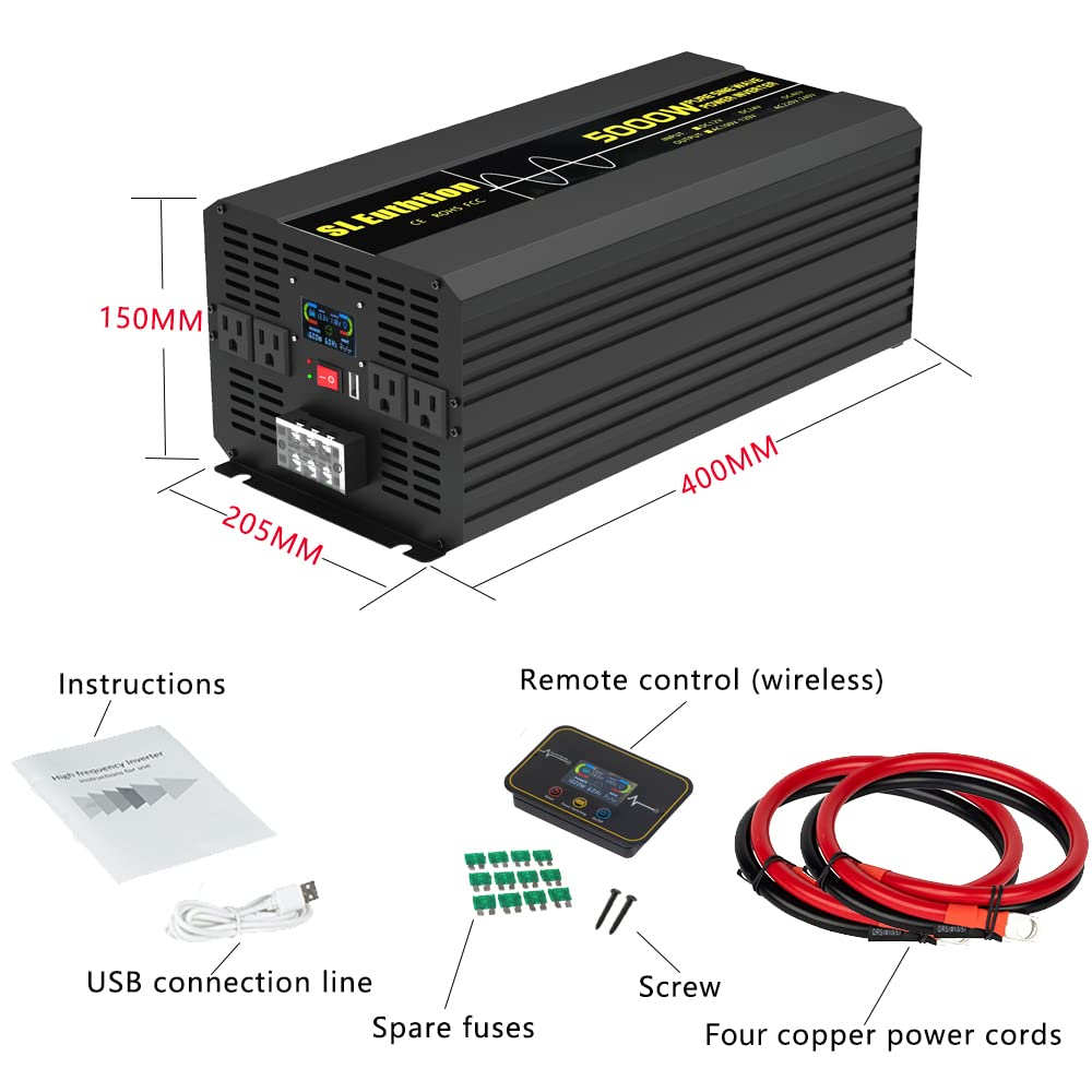SL Euthtion 5000W/10000W(Peak) Pure Sine Wave Car Power Inverter 12V DC to 120V AC 60HZ with LCD Display, USB Port, Wireless Remote Control（10M) for Car Home Laptop Truck