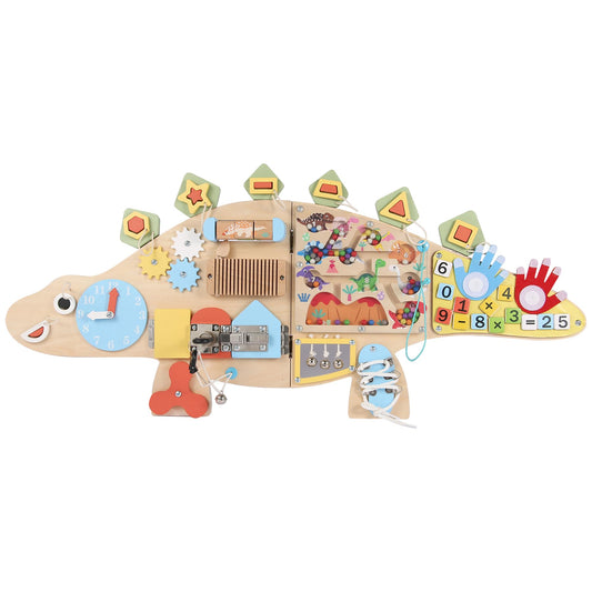 Dinosaur Activity Wall Busy Board - 11-in-1 Foldable Wooden Montessori Sensory Panel for Kids 3-7, Wall Mounted Toddler Learning Activity Center for Playroom Classroom Daycare, Autism Sensory Toy