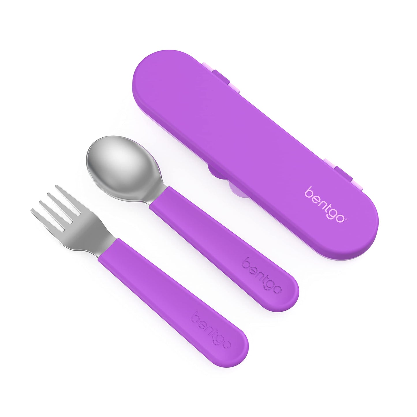 Bentgo Kids Stainless Steel Utensil Set - Reusable Fork, Spoon & Storage Case, PFAS- & BPA-Free, Easy-Grip Handles, Lightweight, Dishwasher Safe, School Lunch, Travel & Outdoors (Purple)