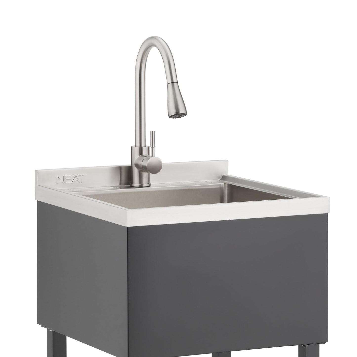 NEAT by TRINITY Stainless Steel Utility Sink, Freestanding Single Bowl Small Utility Sink with Pull-Out Faucet for Garage, Laundry Room, Shop, NSF Certified, 22"W x 22"D x 50"H, Black