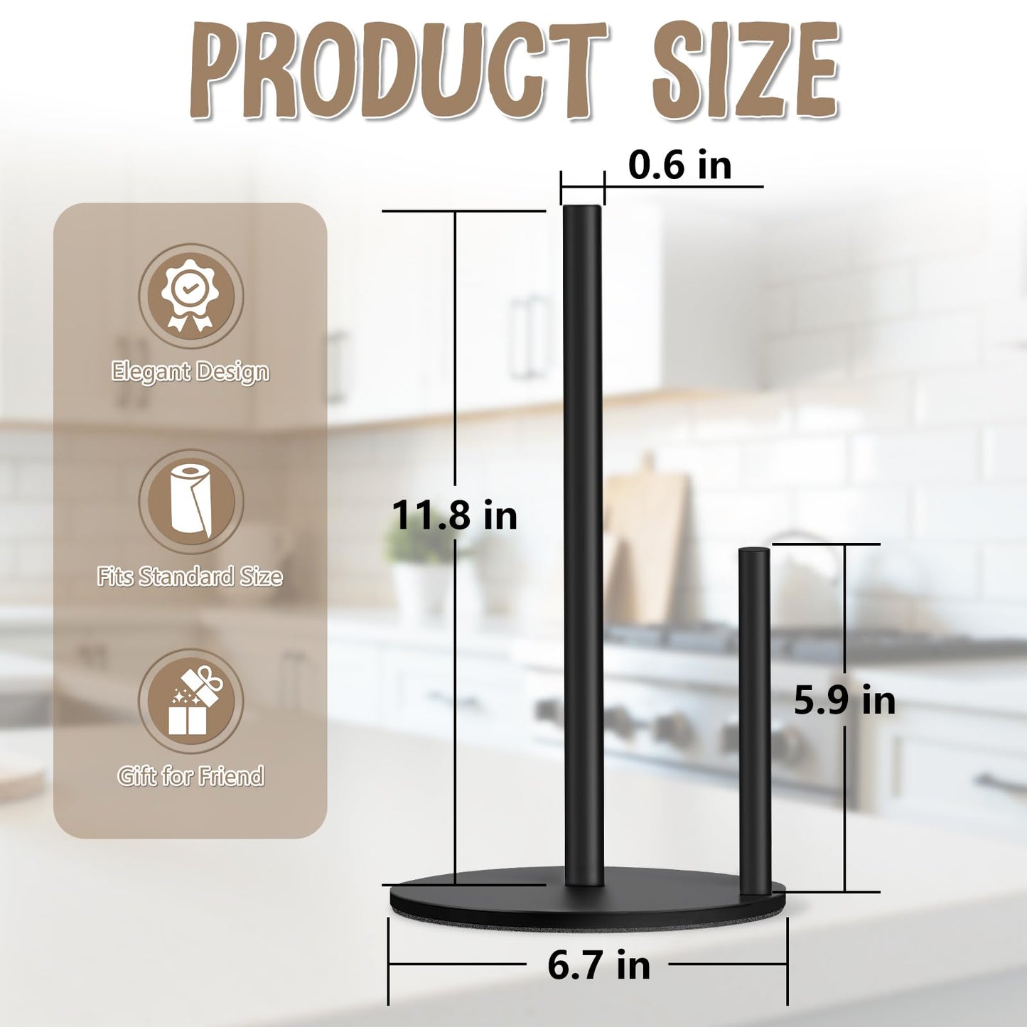 Paper Towel Holder Countertop, Premium Stainless Steel Black Paper Towel Holder with Anti Slip & Waterproof, Freestanding Countertop Paper Towels Holder for Kitchen, Tabletop, Bathroom