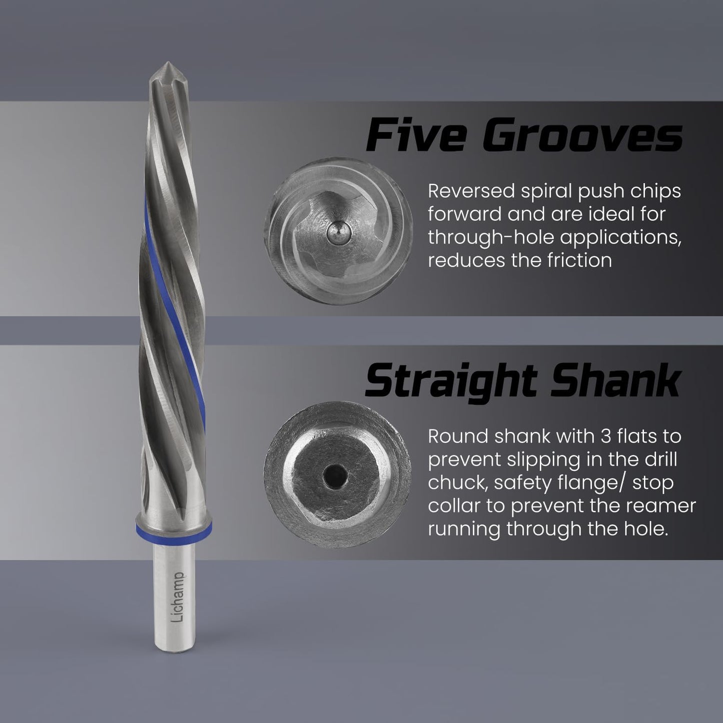 Lichamp 5-Piece M2 HSS Reamer Drill Bit Set, 3/8" 1/2" 9/16" 5/8" 3/4" High Speed Steel Chucking Reamer Set for Metal