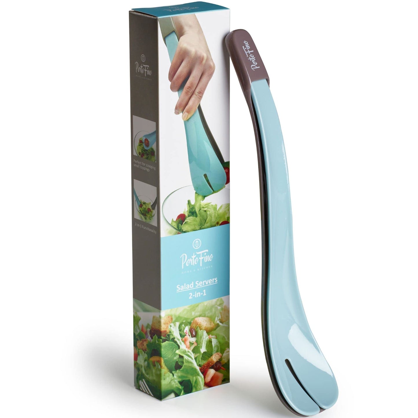 PortoFino Salad Tongs for Serving, Salad Serving Utensils, 2 in 1 Salad Tosser, Salad Serving Tools, Lightweight, Nesting Design Easy to Store, Dishwasher Safe, Plastic, Blue
