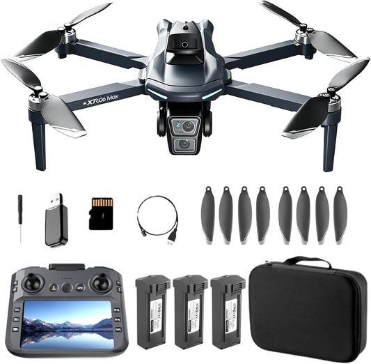 XT606 GPS Drone with camera for adults 4k, 4.3" HD Screen on Controller, 60 Mins Flight Time, Long Range Transmission, Follow Me, Auto Return, Brushless Motor, Obstacle Avoidance, Lightweight and Foldable Quadcopter for Beginner Birthday Gifts Toy