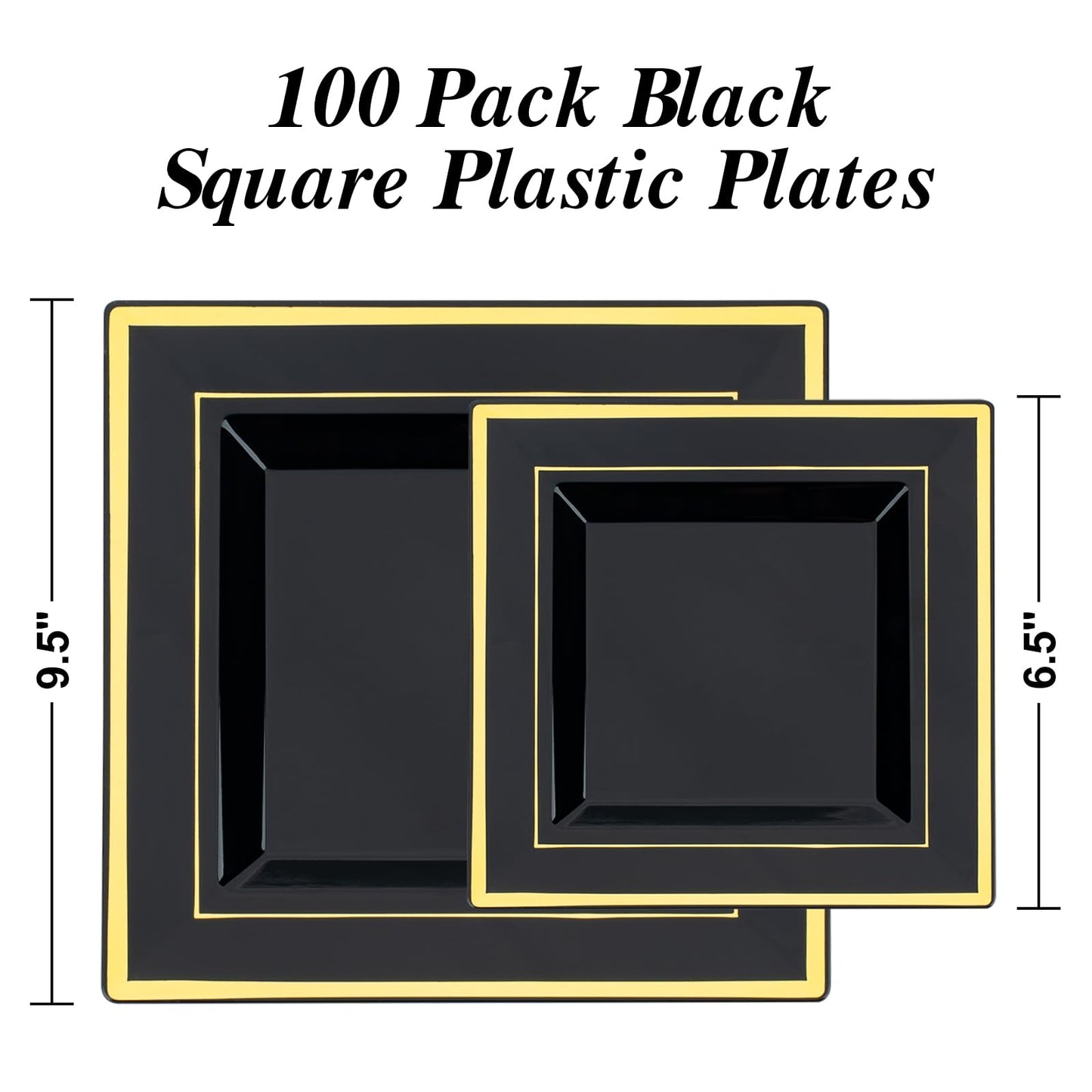 Goodluck 100 Black Pack Square Plastic Plates With Gold Rim, Heavy Duty 50 Dinner Plates 9.5" and 50 Dessert Plates 6.5", Fancy Disposable Plates for Wedding, Holiday Party, Birthday, Halloween