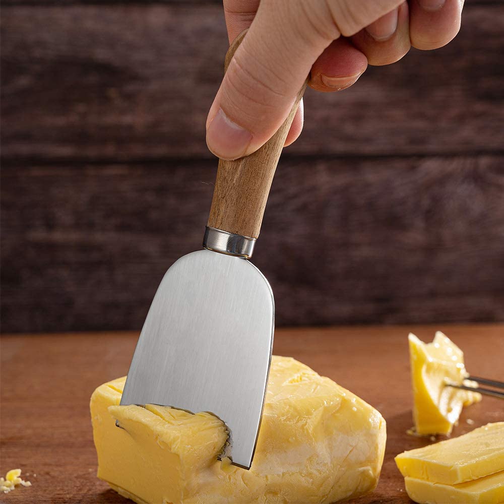 4 Pieces Cheese Knife Set with Wooden Handles Stainless Steel Cheese Knives, Cheese Spreaders, Butter Knife, Mini Serving Tongs, Forks, Charcuterie Board Accessories for Party, Wedding, and Christmas
