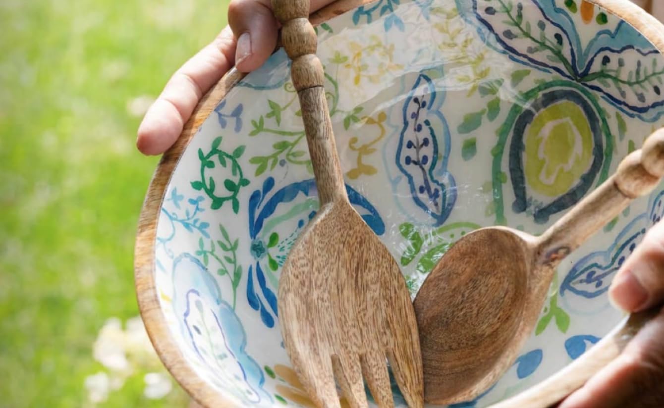 Boston International Salad Server Set Wood Utensils Serving Fork and Spoon, 11.25", Beaded