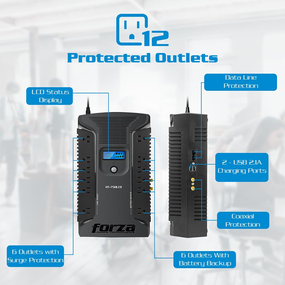 Forza UPS 1000VA/600W Line Interactive Uninterrupted Battery Backup Supply, 12 Outlets, AVR, LCD Screen, USB, Coaxial, 3 Year Warranty 120V (HT-1000LCD) | UPS interactiva