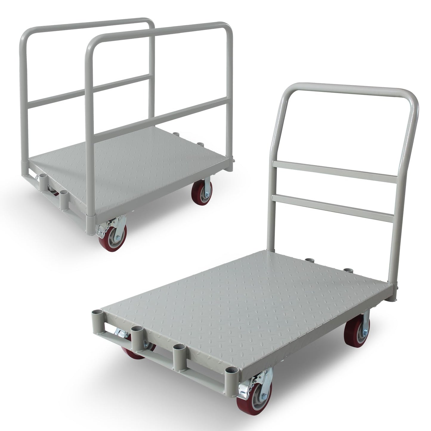 Steel Panel Truck Cart, Platform Truck, Heavy Duty Lumber Drywall Dolly, Flatbed with 2500 Lbs Capacity and 4 Swivel Casters, 36x24inch Steel Board with 1Front and 2Side Handrails