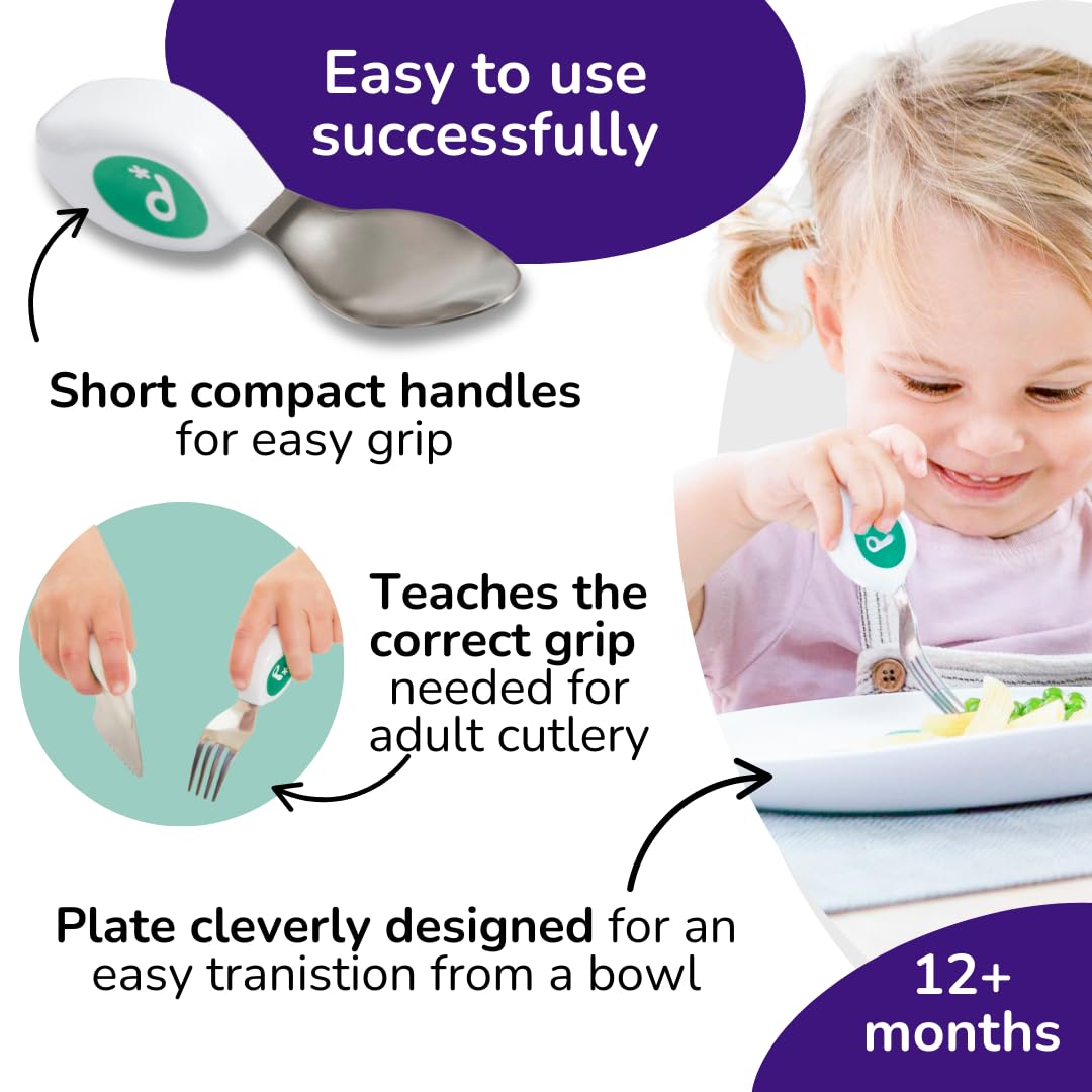 doddl Toddler Utensils, Ergonomic Fork and Spoon Set for Self Feeding, Stainless Steel Silverware for 1-3 Year Olds, BPA Free, Dishwasher Safe (Aqua)