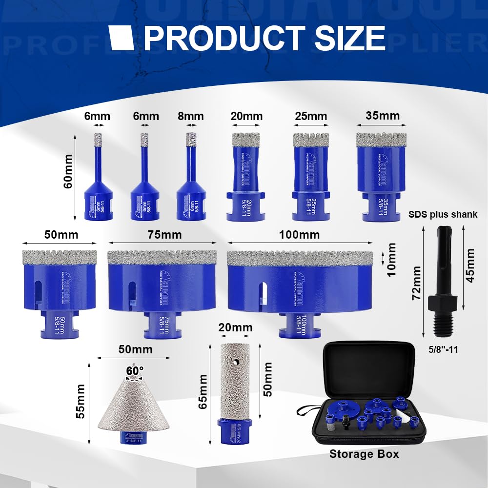 Diamond Core Drill Bits Set 10PCS - DARTOTEK Tile Hole Saw Kit (6/8/10/25/35/50/65mm/10mm/2/HEX for Porcelain, Ceramic Tile, Granite, Marble, Masonry