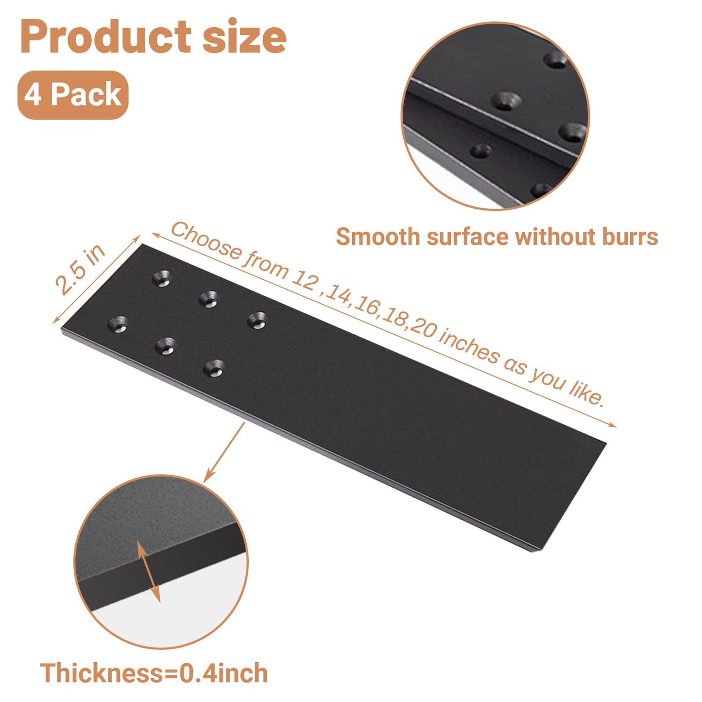 LX2.5 4 Pack Granite Bar Support Brackets - 20" L x 2.5" W, 3/8" Thick, Heavy Duty Floating Brackets for Quartz/Wood/Concrete Countertops - Screws Included