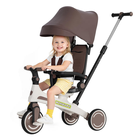 Winhope Kids Tricycle, 6 in 1 Baby's Tricycle Toddler Trike with Adjustable Push Handle, Reversible Seat and Canopy, Baby Stroller for 1-6 Year Olds, Suitable for Outdoor Activities(Coffee)