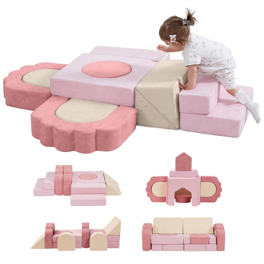 MOOZHEALTH 13 Pieces Foam Climbing Blocks for Toddlers|Floral Baby Soft Play Gym,Kids Indoor Crawing Climbers & Play Structures for Bedroom,Livingroom & Playroom,Pink & Beige