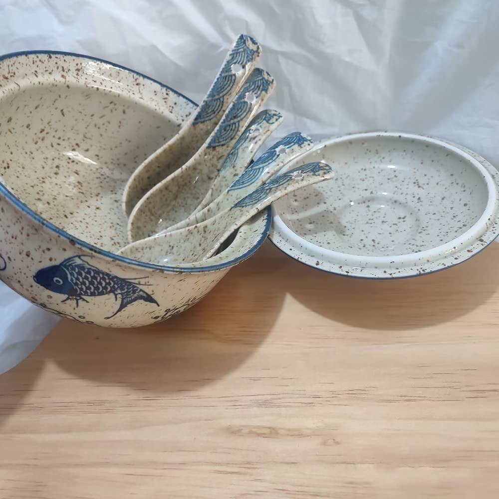 LLPUSLUO 6.5 inch Retro Ceramic Ramen Bowl with Lid,Japanese Style Personalized Dinnerware For Noodle Rice Porridge Soup Fruit Sala (6.5inch, B)