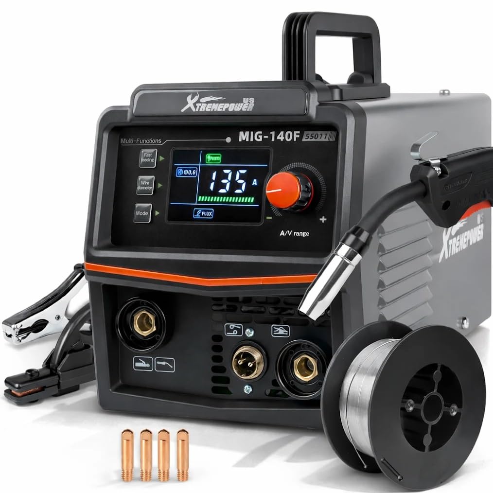 XtremepowerUS 3-in-1 MIG Welder 135Amp,110V Flux Core Welder Flux Core MIG/Lift TIG/Stick Large LED Digital Display Welding Machine Gasless Welder IGBT FLUX
