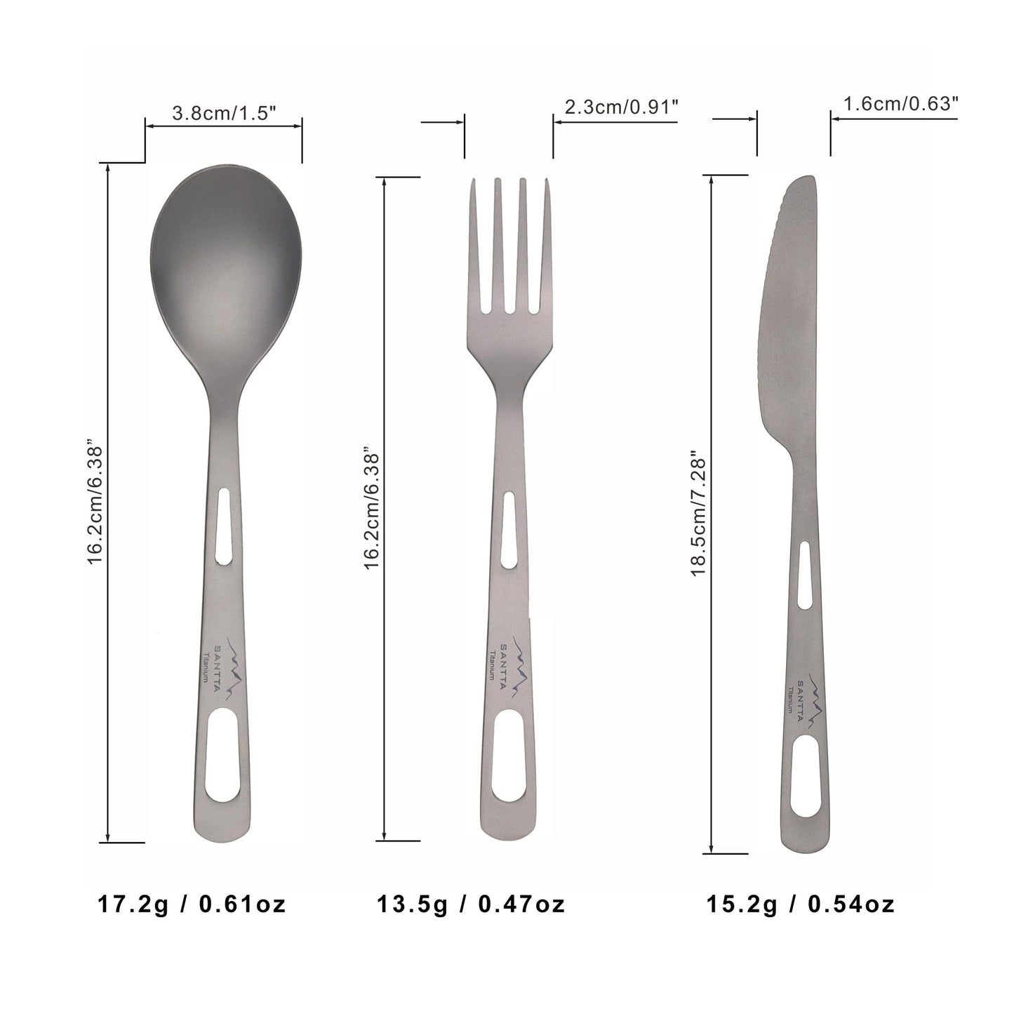 SANTTA Titanium Camping Utensils, Ultra Light Spoon Fork Knife 3 Piece Set, Cutlery Set with Pouch and Carabiner for Outdoor Camping, Hiking, Backpacking, Hiking, Picnic and Travel