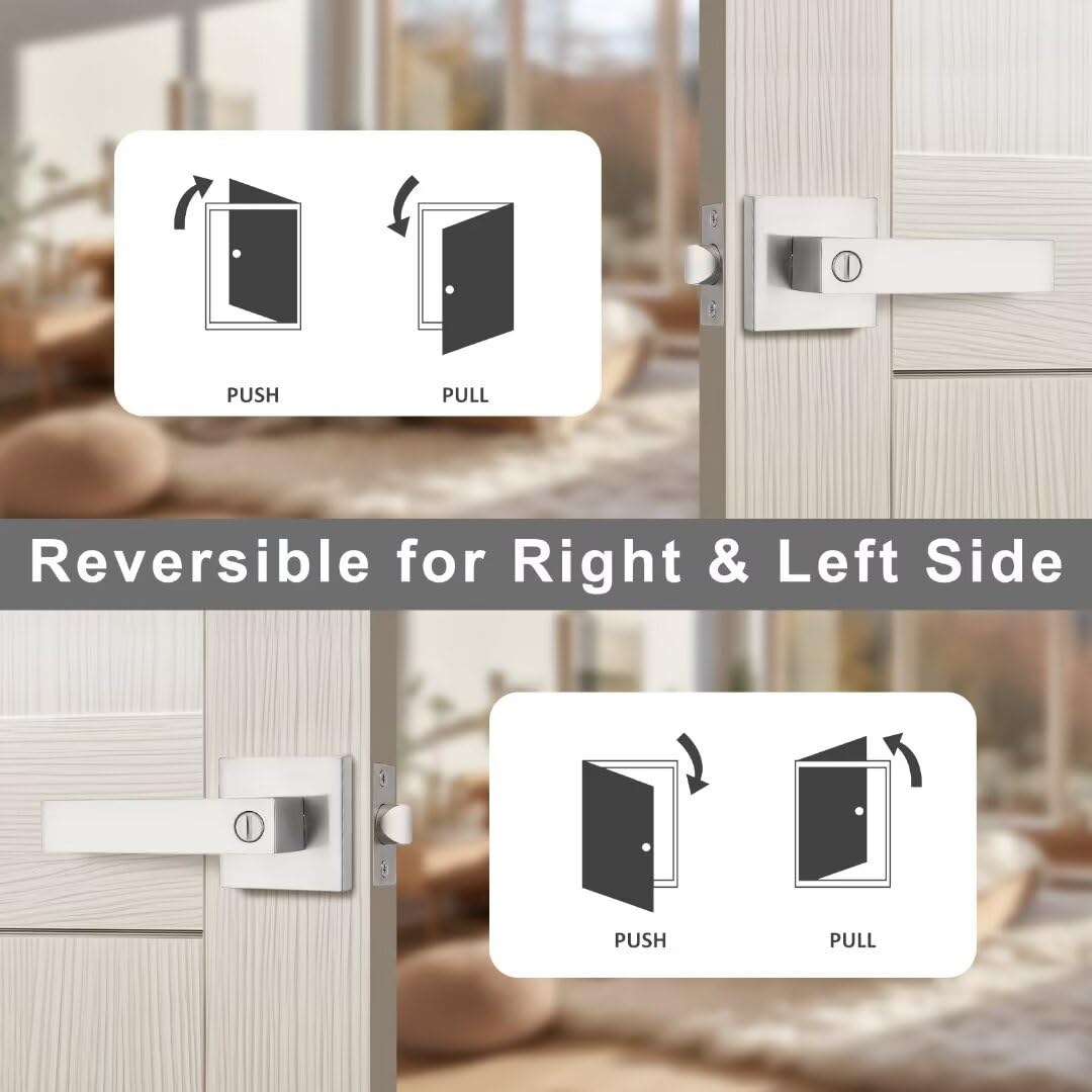 NIZADO 10 Pack Brushed Nickel Bed Bath Door Lever, Square Privacy Lever Door Handles, Keyless Heavy Duty Interior Door Handles, Reversible for Left Right Doors