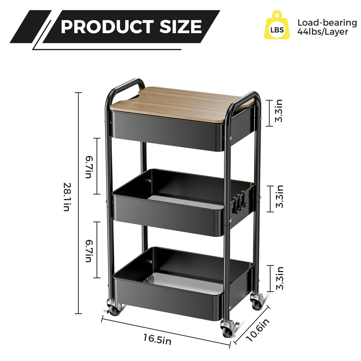 johgee 3 Tier Rolling Cart with Table top, Metal Utility Cart, Sturdy Storage Organizer Cart with Locking Wheels & Hooks for Office, Classroom, Kitchen and Bathroom
