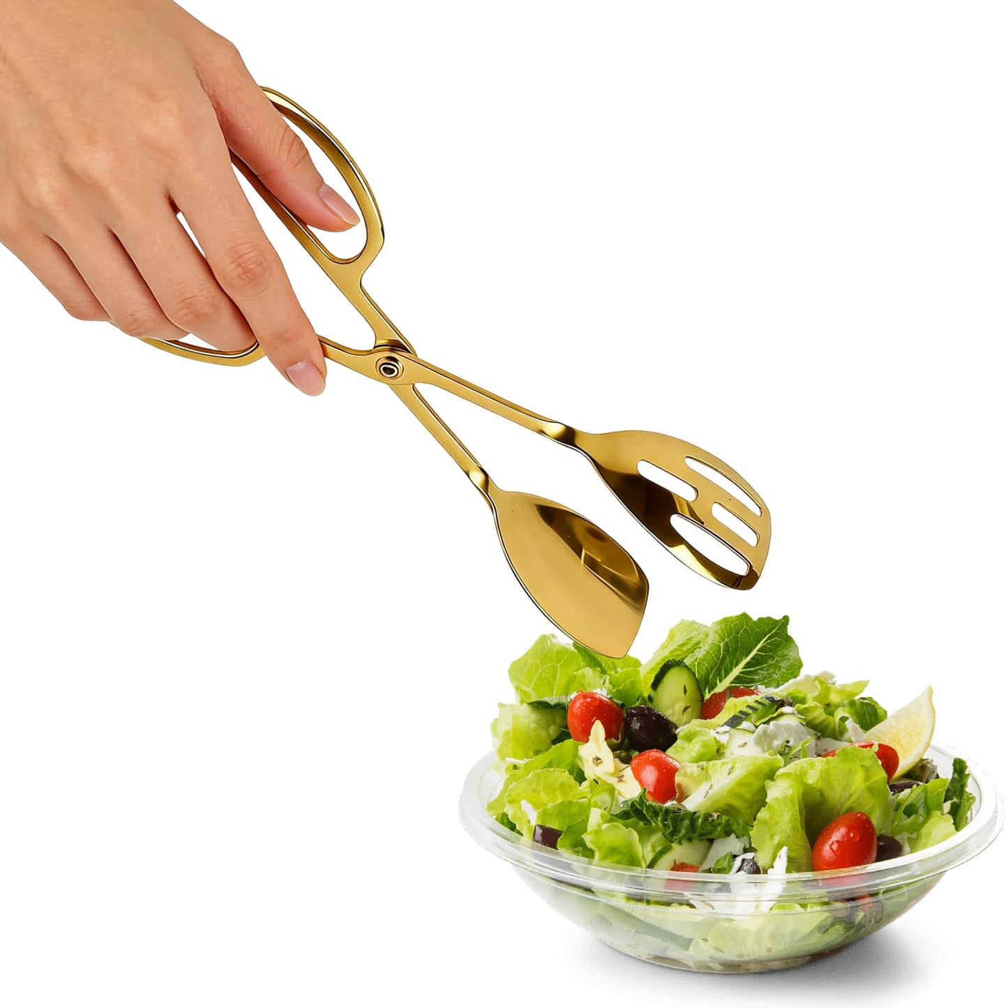 Premium Gold Salad Tongs for Serving - 10-Inch Stainless Steel Scissor Tongs, Heavy Duty Metal Salad Tossers with Comfort Grip, Elegant Food Serving Utensils for Tossed Salad, Fruit & Parties