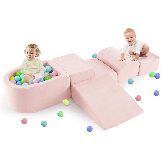 INFANS Climbing Toys for Toddlers, Foam Climbing Blocks and Ball Pit for Baby, 5pc Kids Climb and Crawl Block Activity Structure Play Set, Indoor Foam Play Gym for Crawling and Sliding