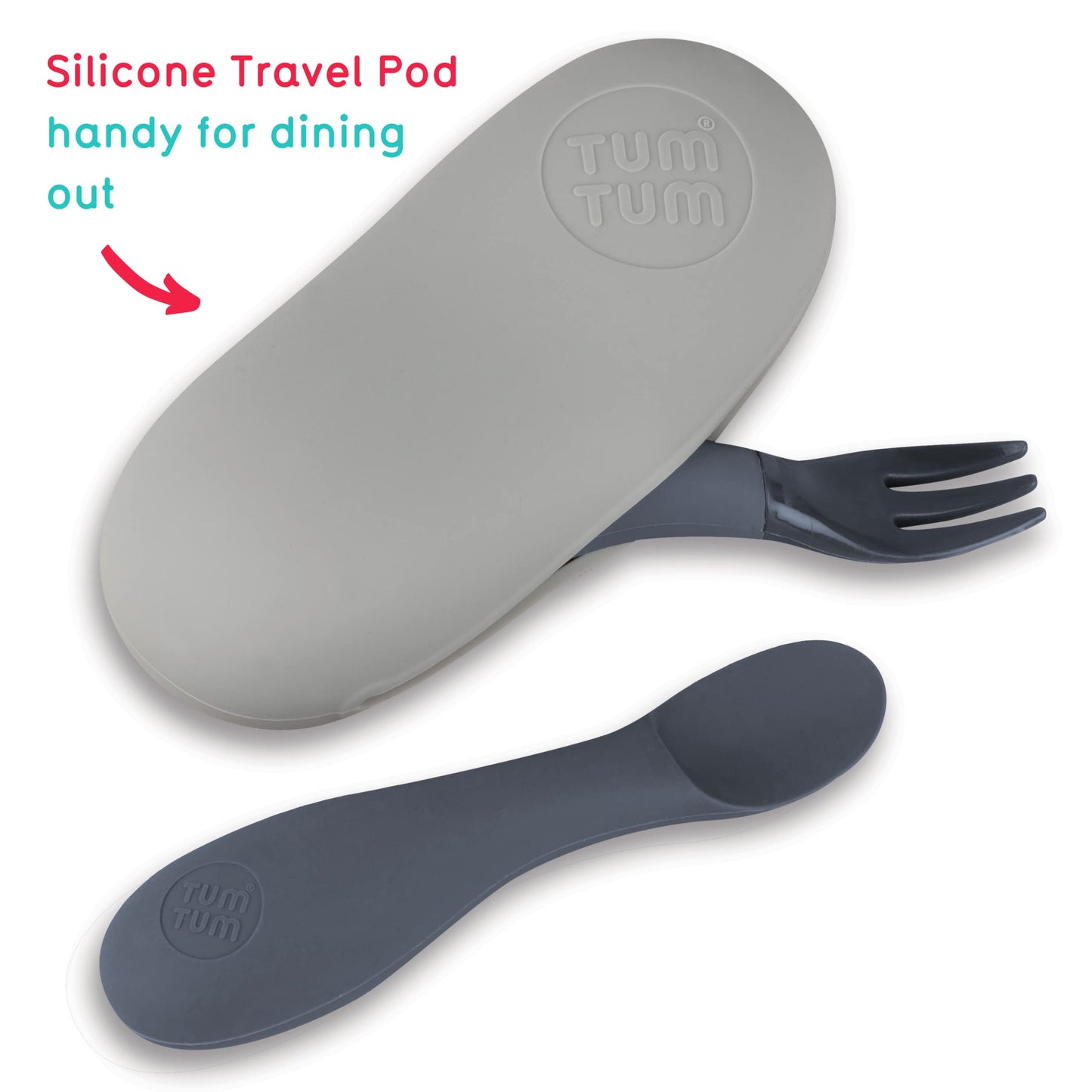 TUM TUM Baby Cutlery Set With Case, Spoon & Fork for Self Feeding, Silicone, 6 Months Plus (Grey)