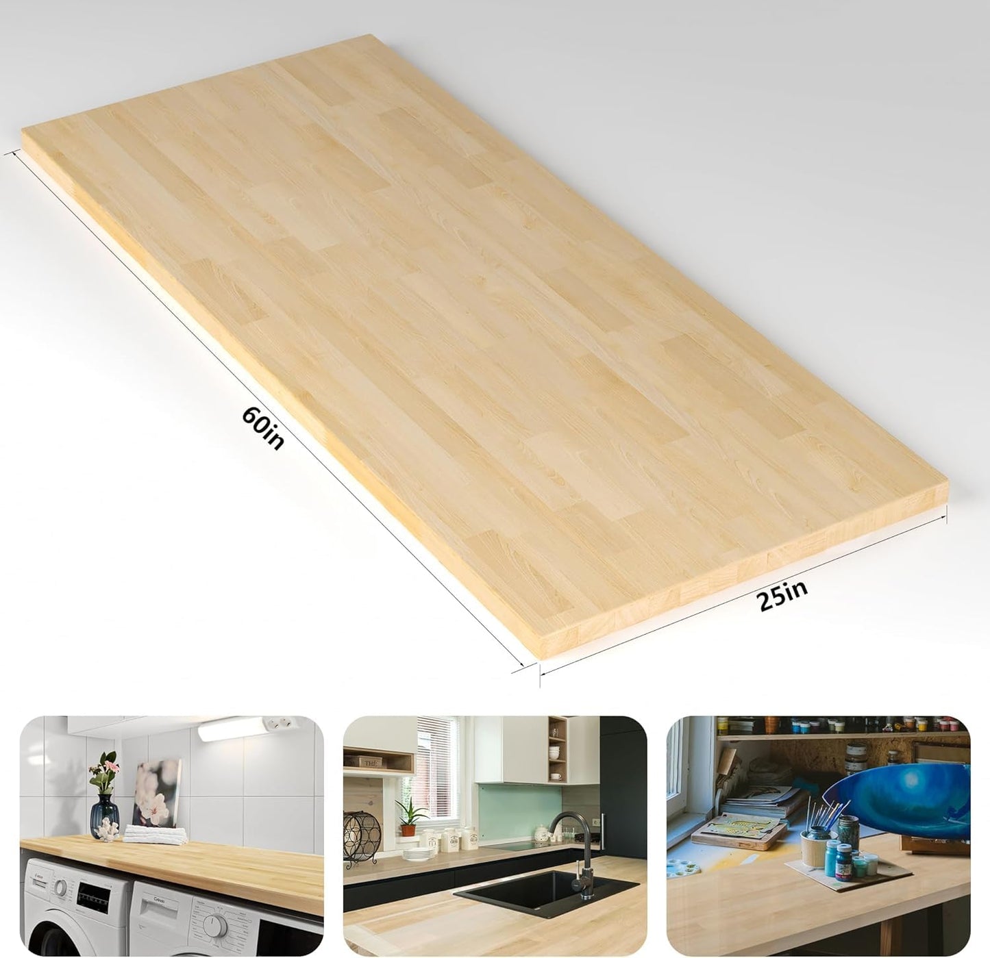 Koby Home 60x25 inch 1.5" Thick Butcher Block Countertop, 5ft 1.5" Unfinished Solid Birch Wood Table Top DIY Wooden Board for Kitchen Island Dining Room,Washer Dryer Workbench, Standing Desk