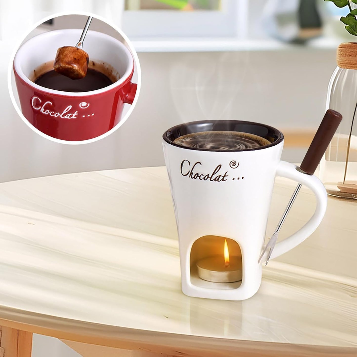 Sweet Fondue Cup for Date Night and More, Chocolate Melting Cup Set with Forks, Perfect as Fondue Mug or Chocolate Fondue Mug - Ideal Gifts for Birthday, Wedding, Mini Simmer Mug (Red)