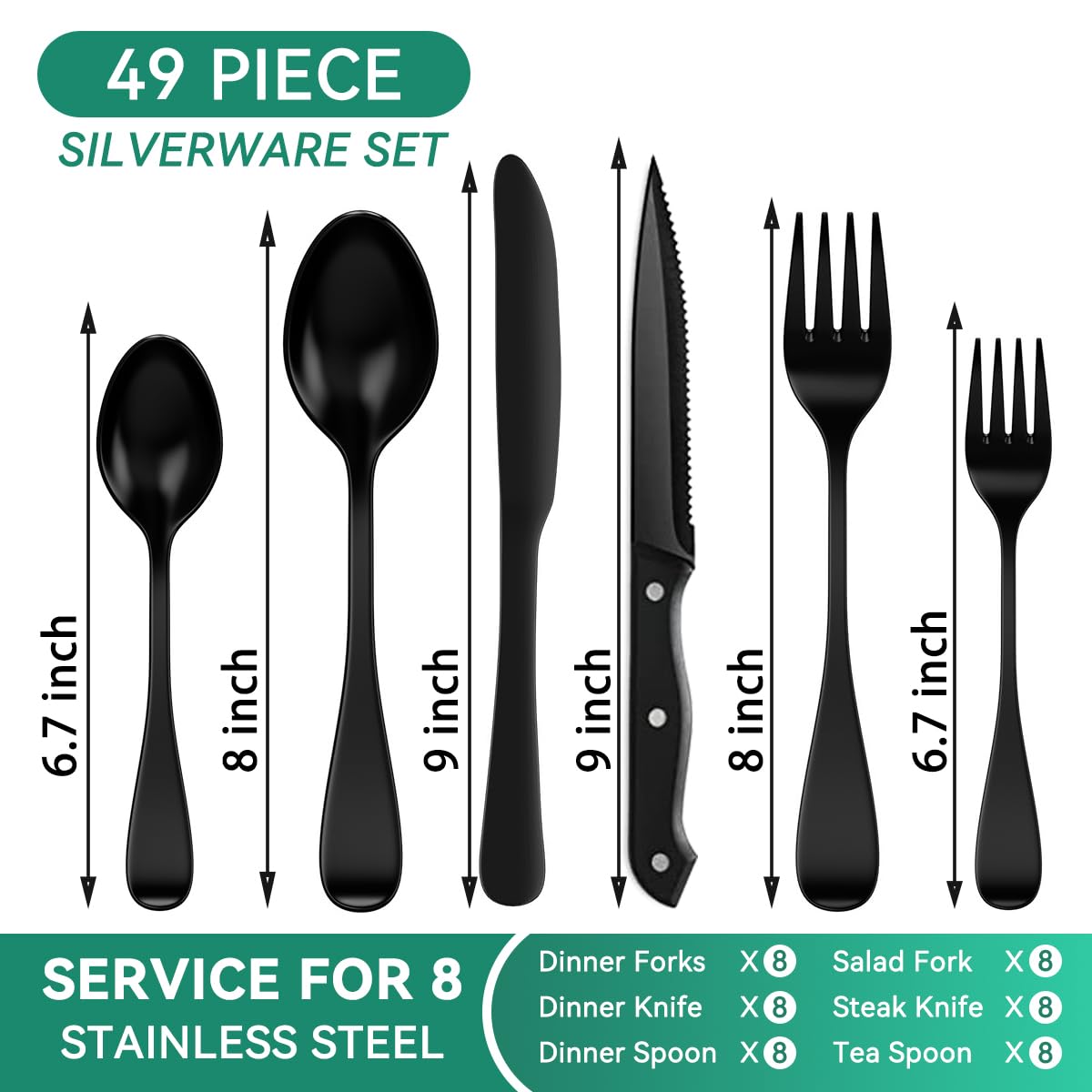 JUNLIN 49 Pieces Black Silverware Set with Steak Knives, Stainless Steel Silverware with Organizer Flatware Utensils Set for 8, Forks and Spoons Silverware Set Cutlery Set