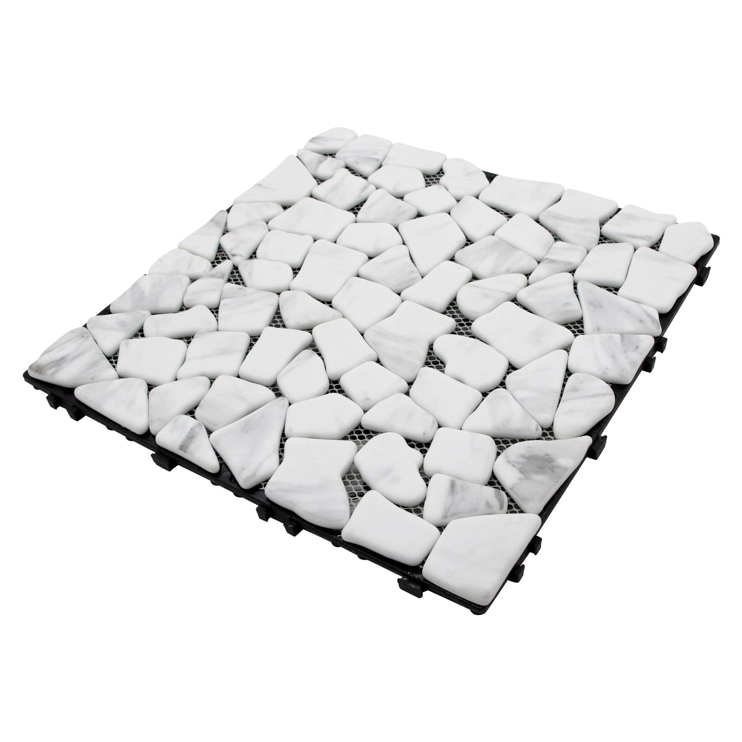 4PCS Natural Pebble Interlocking Deck Tiles, 12" x 12" Recycled Glass Marble Looks Waterproof Patio Deck, Outdoor & Indoor Flooring Decking Tiles for Porch Poolside Balcony Backyard, Carrara White