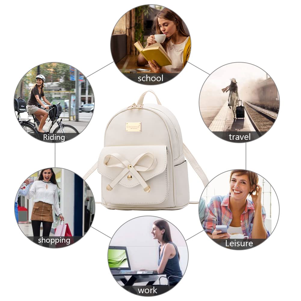 I IHAYNER Girls Bowknot Cute Leather Backpack Mini Backpack Purse for Women Beige