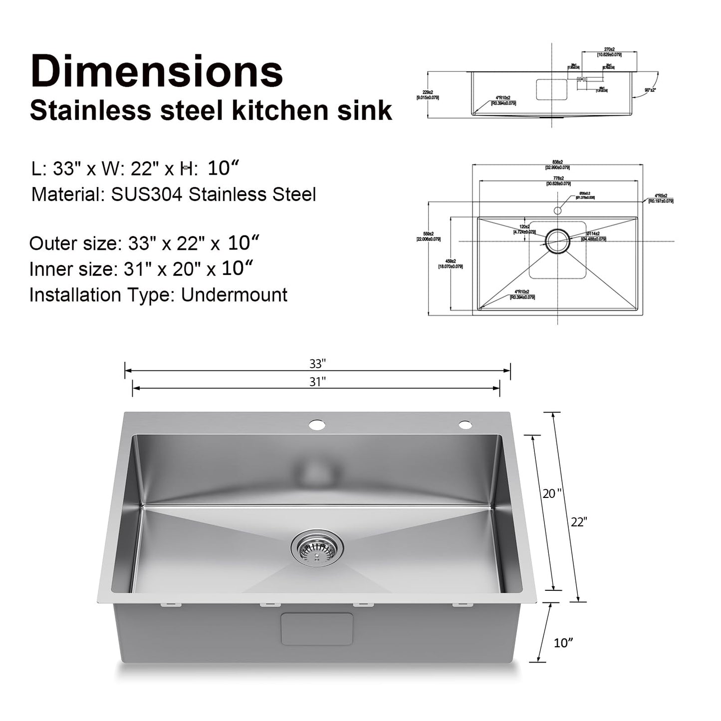 Frogink 33 inch Topmount Handmade 18 Gauge Single Bowl Stainless Steel Kitchen Sink with Accessories in 33"Lx22"Wx10"D